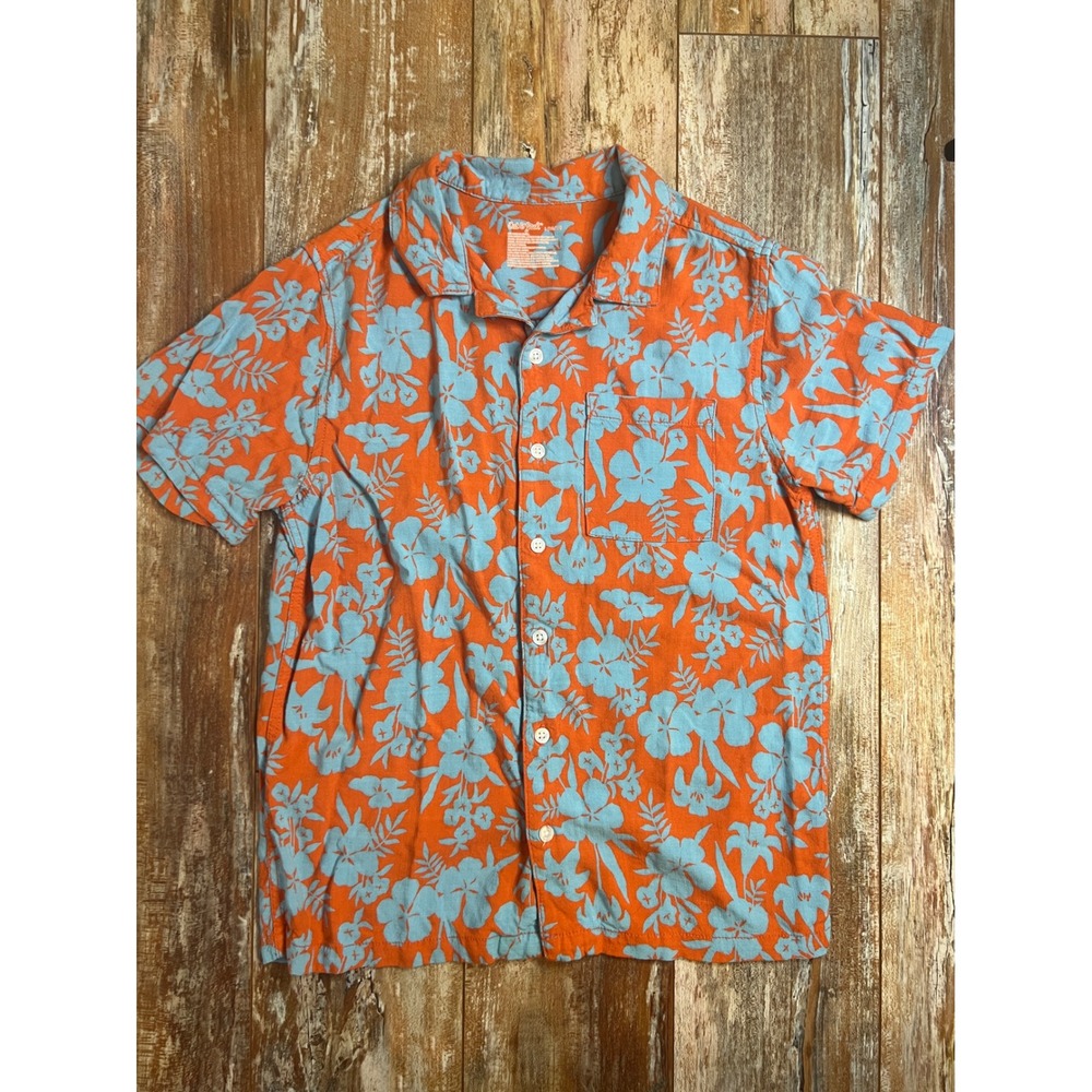Cat & Jack Boys Orange Blue Tropical Floral Button Down Shirt Large 10/12 Summer